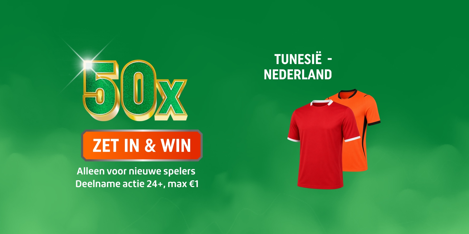 TOTO promotiebanner: 50x ZET IN & WIN voor Tunesië - Nederland met twee voetbalshirts (rood en oranje)