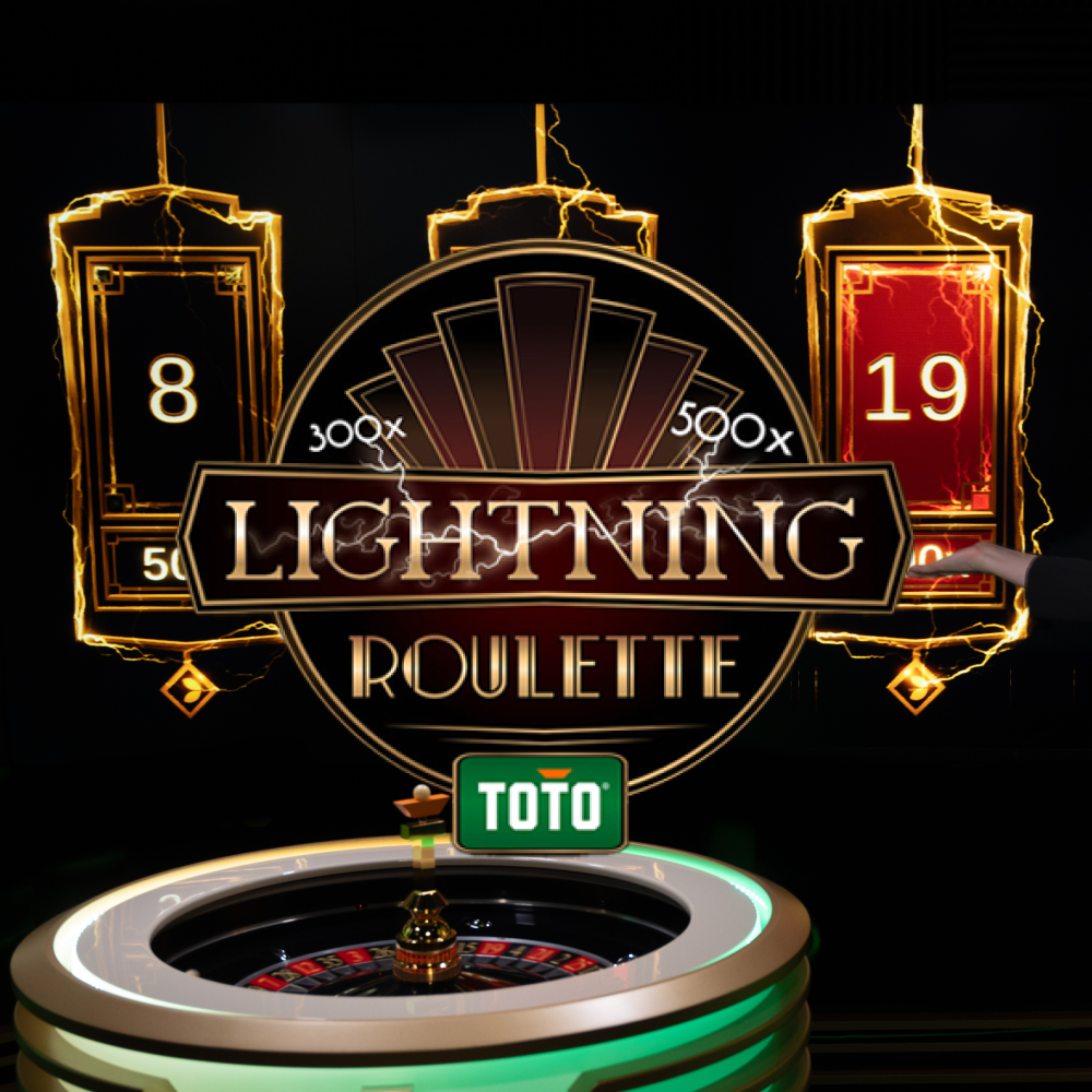 Jij ziet het Lightning Roulette-bord met verlichte multipliers en TOTO-logo boven een roulettetafel.