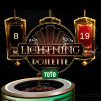 Jij ziet het Lightning Roulette-bord met verlichte multipliers en TOTO-logo boven een roulettetafel.