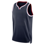 Donkerblauw mouwloos basketbalshirt met witte en rode biezen en V-hals.