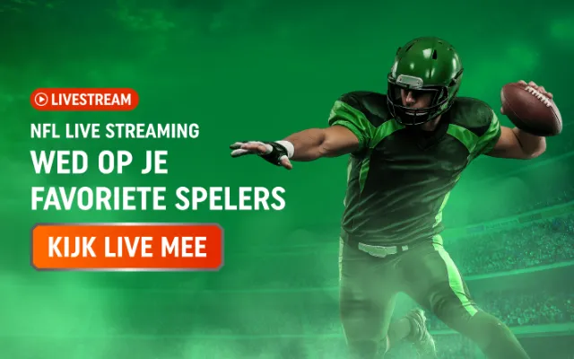 TOTO Sport-banner met Amerikaanse footballspeler in groen, tekst "WED OP JE FAVORIETE SPELERS" en knop KIJK LIVE MEE.