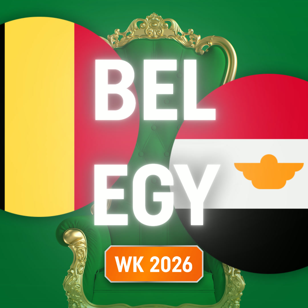 Vlaggen van België en Egypte met grote letters BEL EGY en een groene troon op de achtergrond, WK 2026