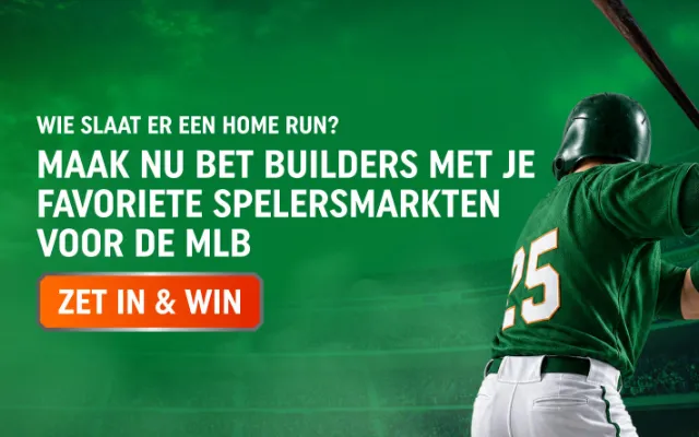 TOTO-promotie: een honkbalspeler in slagpositie met tekst die je uitnodigt Bet Builders te maken voor de MLB en een knop Zet in & Win.