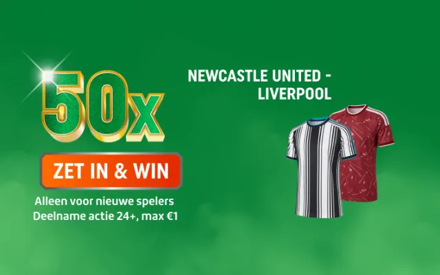 TOTO promotiebanner: 50x ZET IN & WIN voor Newcastle United - Liverpool met twee voetbaltshirts
