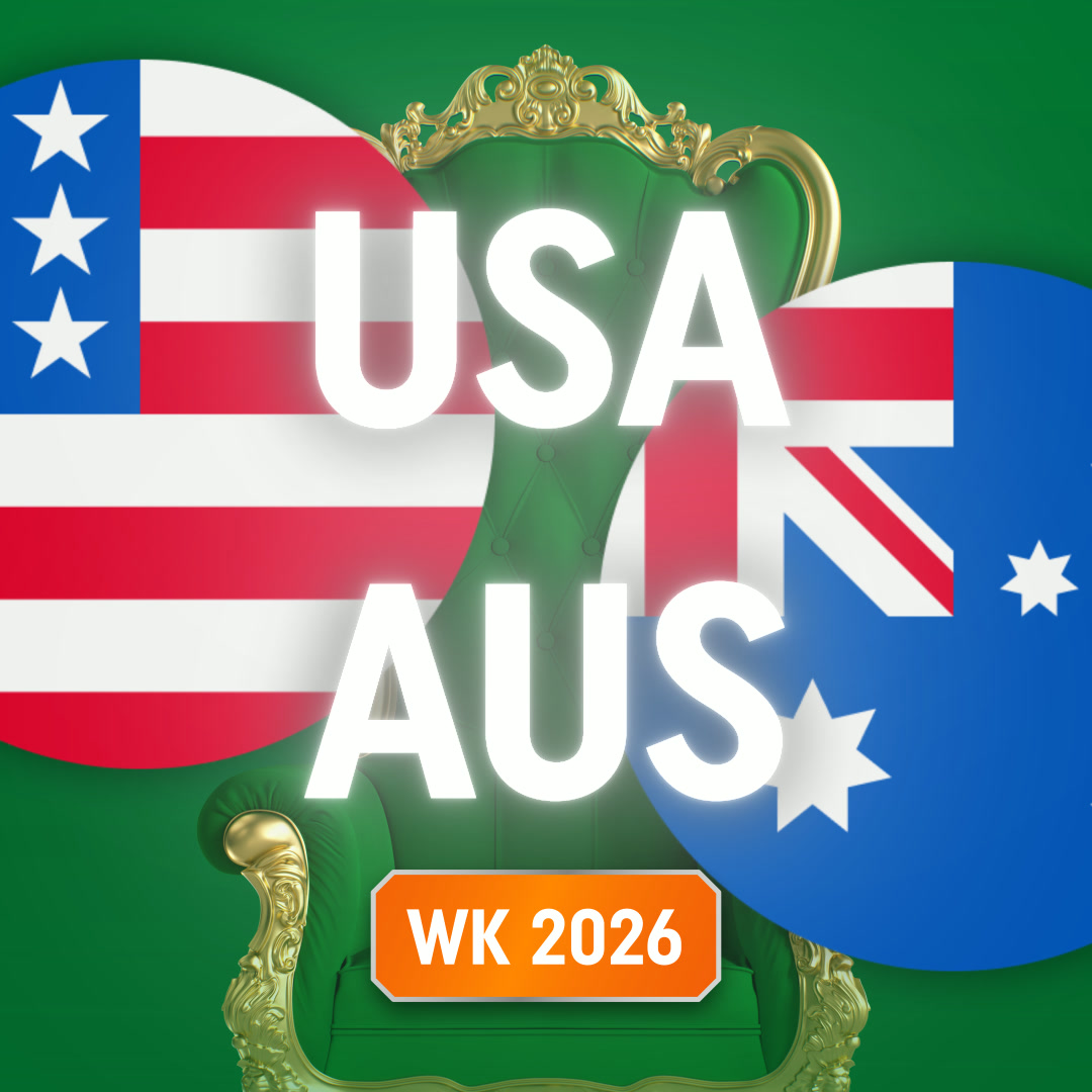 Amerikaanse en Australische vlaggen met de tekst USA AUS en een oranje label WK 2026 voor een groen-gouden troon