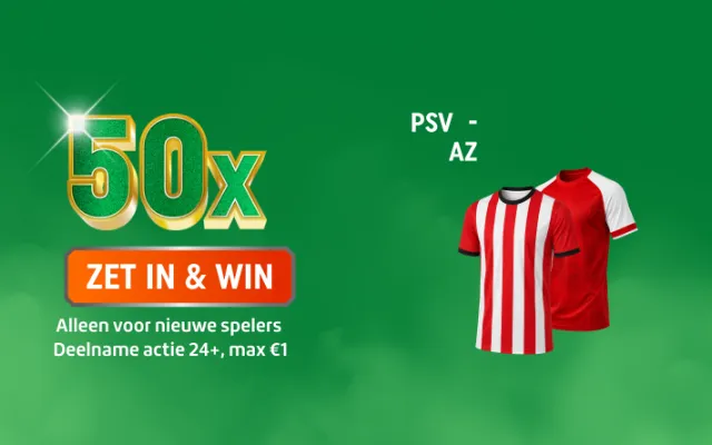 TOTO-actiebanner met 50x ZET IN & WIN en twee rood-witte voetbalshirts voor PSV - AZ, speciaal voor jou.