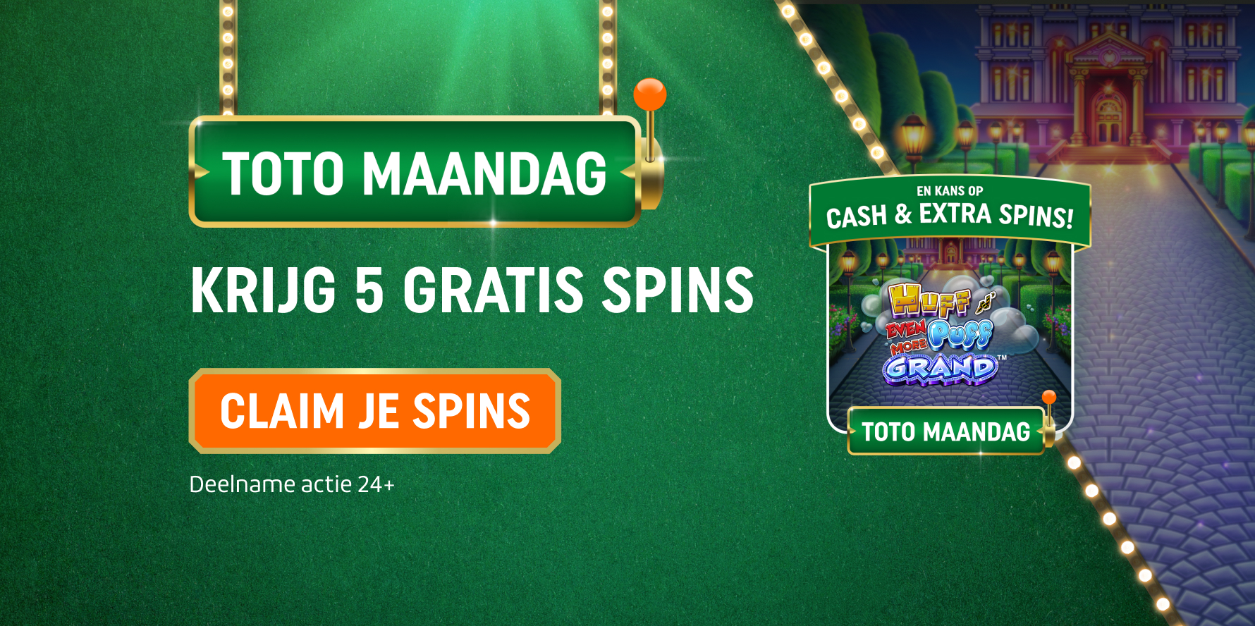 TOTO Maandag-banner met tekst Krijg 5 Gratis Spins en oranje knop Claim Je Spins