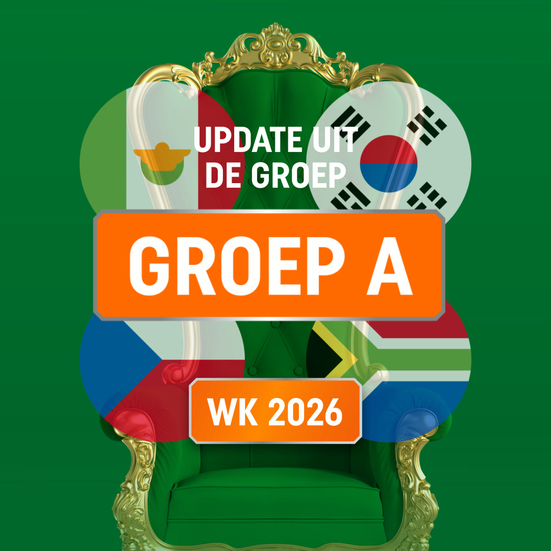 Update uit de groep: GROEP A WK 2026-banner met groene troon en vier nationale vlaggen