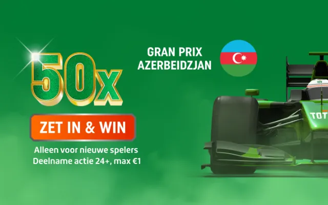 Promotiebeeld 50x ZET IN & WIN voor Gran Prix Azerbeidzjan, groene raceauto met TOTO-logo, alleen voor nieuwe spelers.