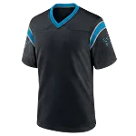 Zwart sportshirt met korte mouwen, V-hals en blauwe biezen op schouders en kraag
