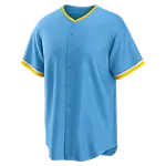 Lichtblauw honkbalshirt met gele bies, korte mouwen en knoopsluiting.