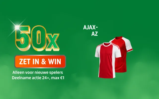 50x ZET IN & WIN promotie met twee rood-witte voetbalshirts en AJAX-AZ, voor jouw inzet.