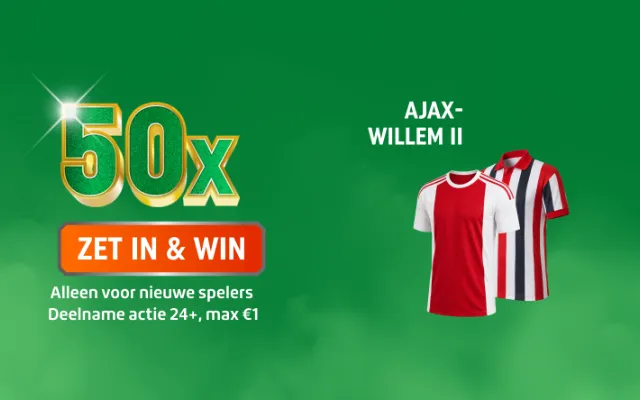 TOTO promotiebeeld met 50x ZET IN & WIN en twee AJAX-WILLEM II voetbalshirts.