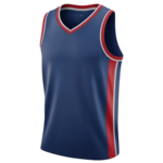 Donkerblauw mouwloos basketbalshirt met rode zijpanelen en witte biezen