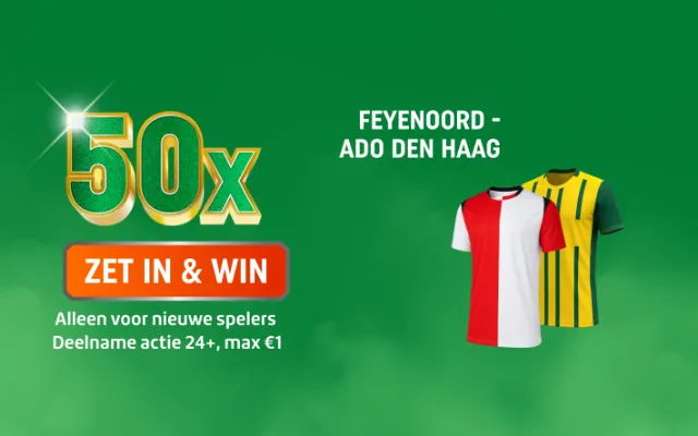 Promotiebeeld: 50x ZET IN & WIN voor Feyenoord - ADO Den Haag met twee voetbalshirts op groene achtergrond.