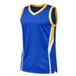 Blauw mouwloos basketbalshirt met gele en witte accenten.
