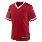Rood sportshirt met V-hals, korte mouwen en witte biezen.