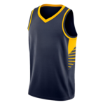 Donkerblauw mouwloos basketbalshirt met gele biezen en gestreepte gele zijpanelen.