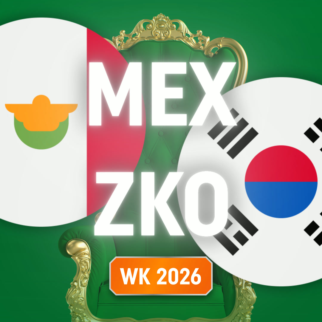 Je ziet Mexico- en Zuid-Korea-vlaggen met de tekst MEX ZKO en WK 2026.