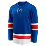 Blauw ijshockeyshirt met witte vetersluiting en rood-witte strepen op mouwen en zoom.