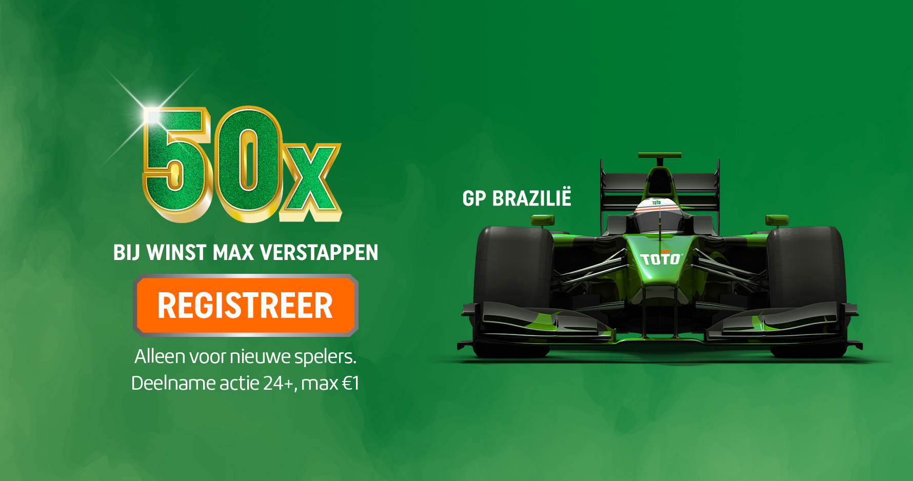 Promotiebeeld met groene TOTO-raceauto, tekst "50x bij winst Max Verstappen" en oranje knop "Registreer".