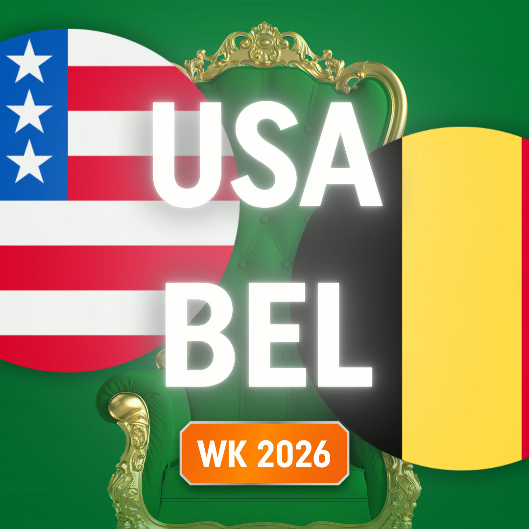 Amerikaanse en Belgische vlaggen met grote letters "USA BEL" en een oranje label "WK 2026" voor een groene achtergrond met een gouden troon.