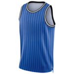 Blauw gestreept mouwloos basketbalshirt met witte bies bij hals en armsgaten