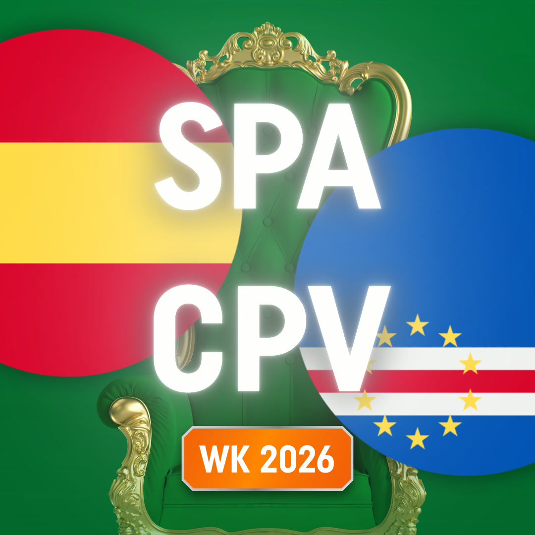 Vlaggen van Spanje en Kaapverdië met grote tekst SPA CPV en WK 2026