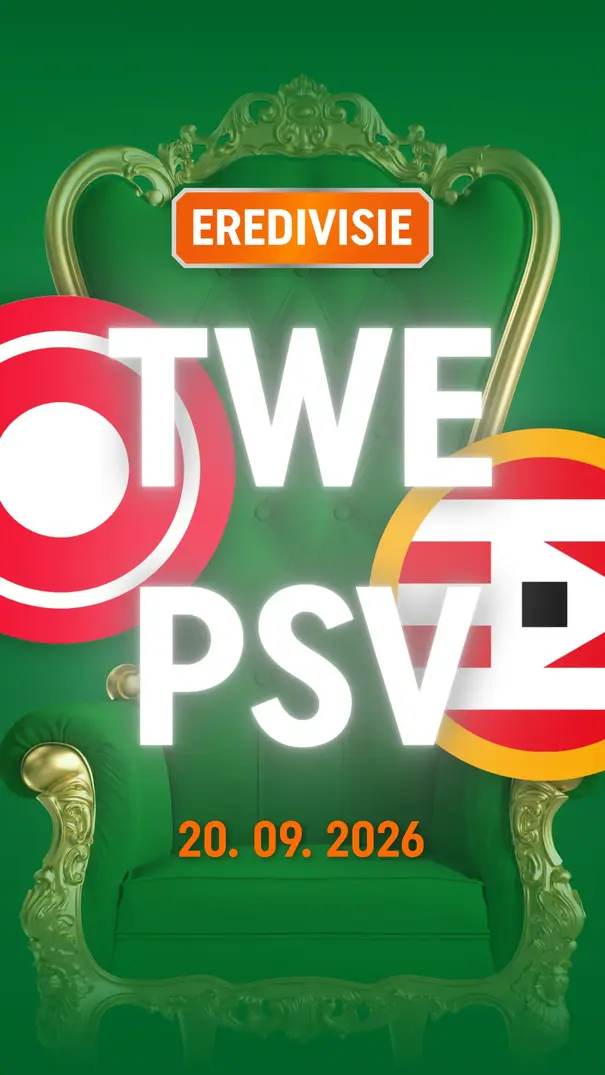 Groene koninklijke troon met EREDIVISIE-bord, grote tekst "TWE PSV", clublogo’s en datum 20.09.2026