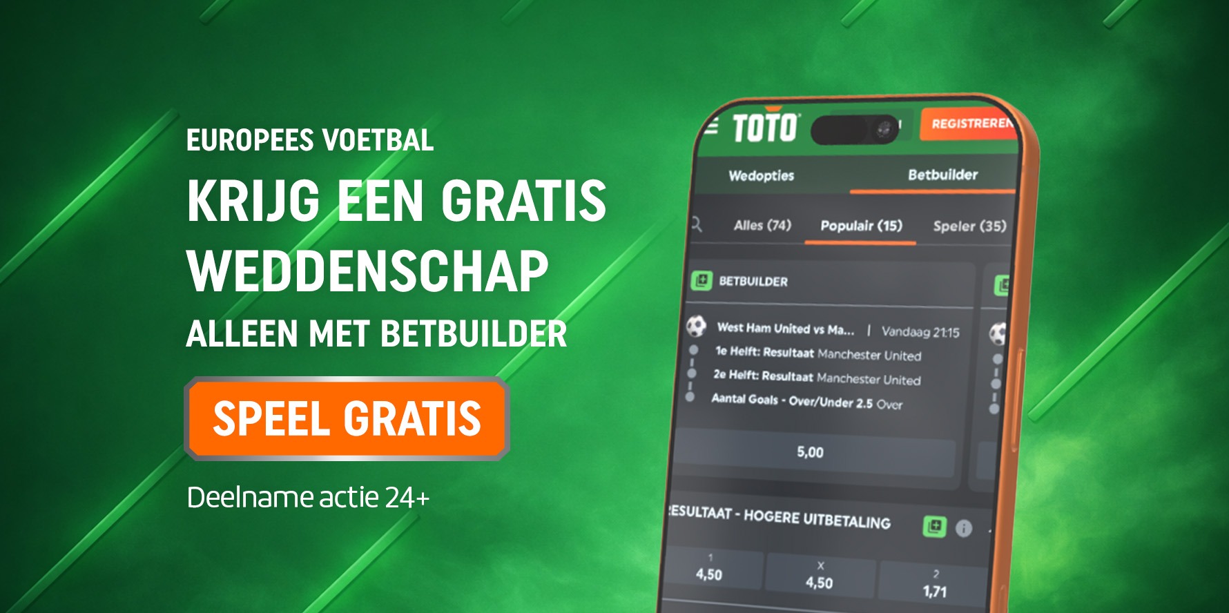TOTO-promotie: smartphone met Betbuilder-scherm, tekst "Krijg een Gratis Weddenschap, alleen met Betbuilder" en knop "Speel Gratis".