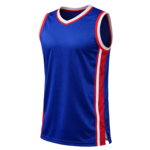 Blauw mouwloos basketbalshirt met rood-witte biezen