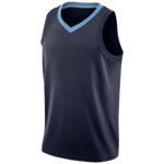 Donkerblauw mouwloos sportshirt met lichtblauwe V-hals.