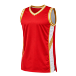 Rood mouwloos basketbalshirt met gouden en witte biezen.