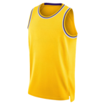 Gele mouwloze sportshirt (basketbalshirt) met blauwe en witte biezen