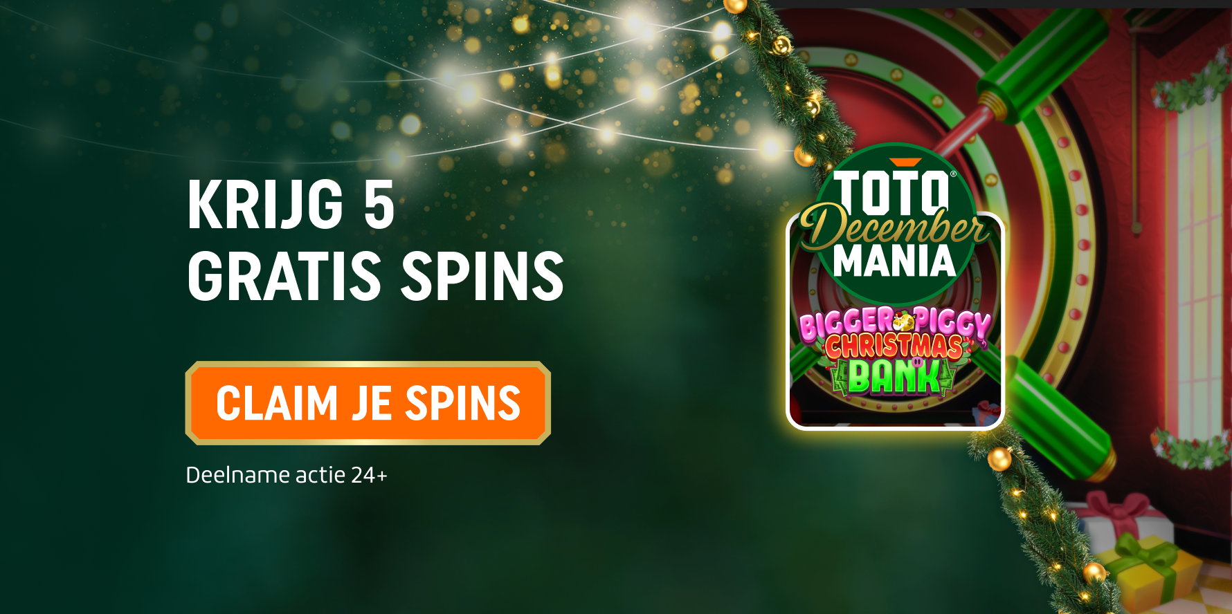 TOTO Maandag December Mania-banner met tekst 'Krijg 5 Gratis Spins' en knop 'Claim Je Spins'.
