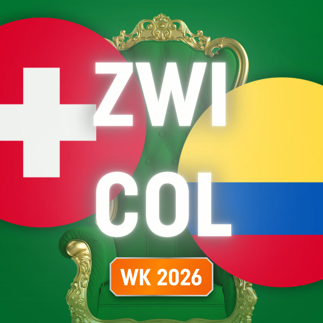 Vlaggen van Zwitserland en Colombia voor een groene troon met de tekst ZWI COL en WK 2026.
