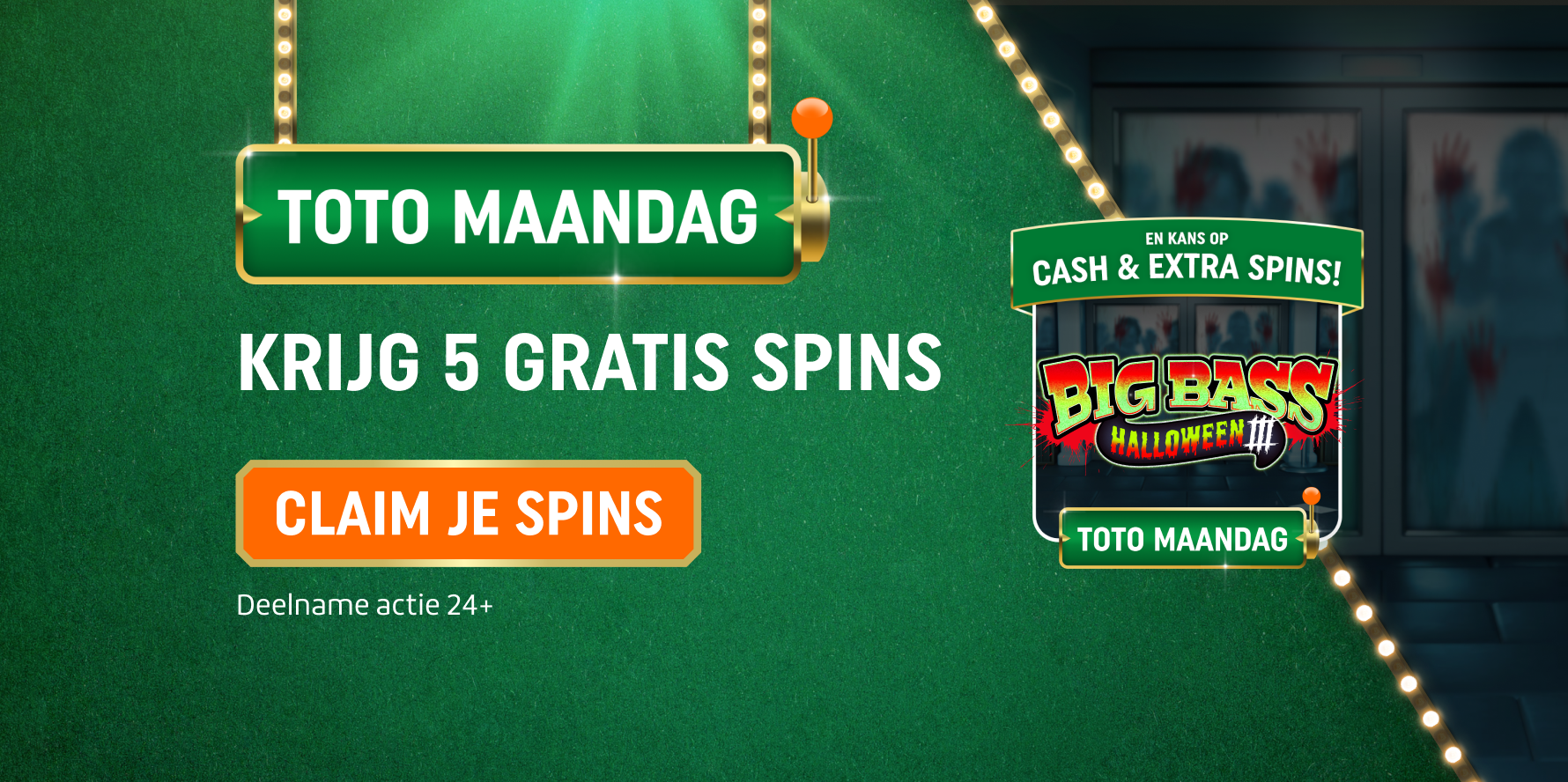 TOTO Maandag: Krijg 5 Gratis Spins voor Big Bass Halloween, Claim je Spins.