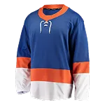 Blauwe ijshockeytrui met oranje kraag en brede oranje en witte strepen op mouwen en onderkant.
