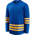 Blauw hockeyshirt met gele en witte horizontale strepen op mouwen en onderzijde.