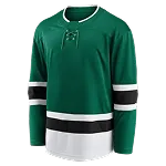 Groene ijshockeytrui met witte en zwarte strepen en vetersluiting bij de kraag.