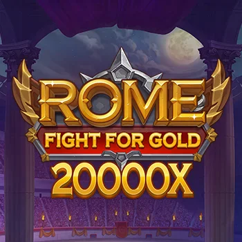 Logo van het spel ROME Fight for Gold 20000X in goudkleurige letters met laurierornamenten en marmeren zuilen op de achtergrond.