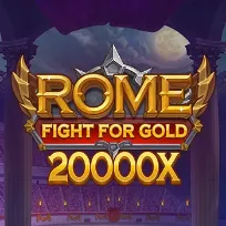 Logo van het spel ROME Fight for Gold 20000X in goudkleurige letters met laurierornamenten en marmeren zuilen op de achtergrond.