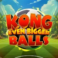 Logo met tekst KONG EVEN BIGGER BALLS en een grote voetbal op een zonnig voetbalveld