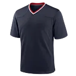 Donkerblauw sportshirt met korte mouwen en V-hals met rood-witte bies.