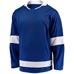 Blauw ijshockeyshirt met witte strepen op mouwen en onderkant, zonder logo.