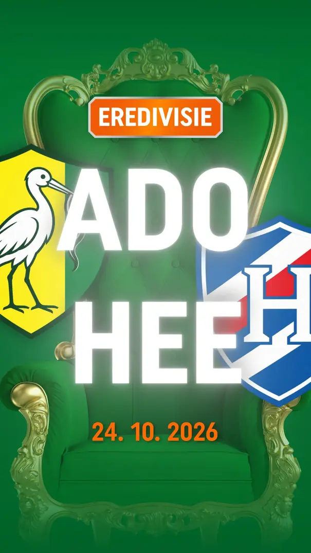 Je ziet een poster voor Eredivisie-wedstrijd ADO tegen Heerenveen met clubemblemen en datum 24.10.2026.