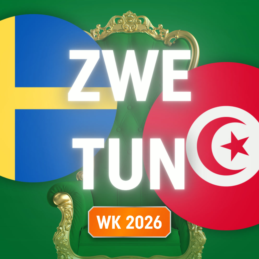 Vlaggen van Zweden en Tunesië naast een groene troon met gouden accenten en WK 2026-label