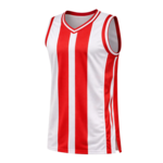 Rood-wit gestreept mouwloos basketbalshirt met V-hals.