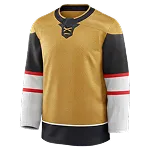 Gouden ijshockeytrui met zwarte mouwen en rood-witte strepen.