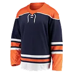 Donkerblauw en oranje ijshockeyshirt met witte strepen en vetersluiting